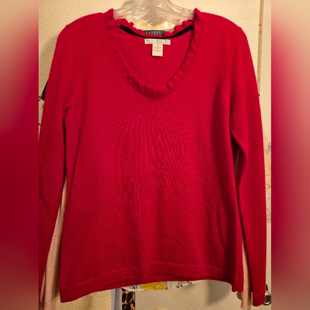 Sarah Spencer Bold Red 100 % Italian Merino Wool Ruffled V Neck Sweater Medium
